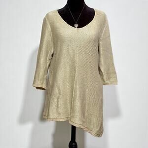CHICO’S Heidi Knit Sweater Khaki 3/4 Sleeve Asymmetrical Silver Gold Size 1 M 8